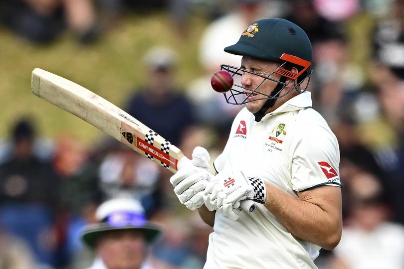 Australia's Cameron Green is hit by a ball from New Zealand's Will O'Rourke on the first day of their cricket test match in Wellington, New Zealand, Thursday, Feb. 29, 2024. (Kerry Marshall/Photosport via AP)