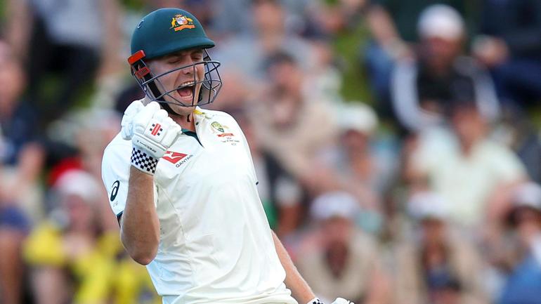 Cameron Green celebrates his century during day one of the First Test between New Zealand and Australia in Wellington.