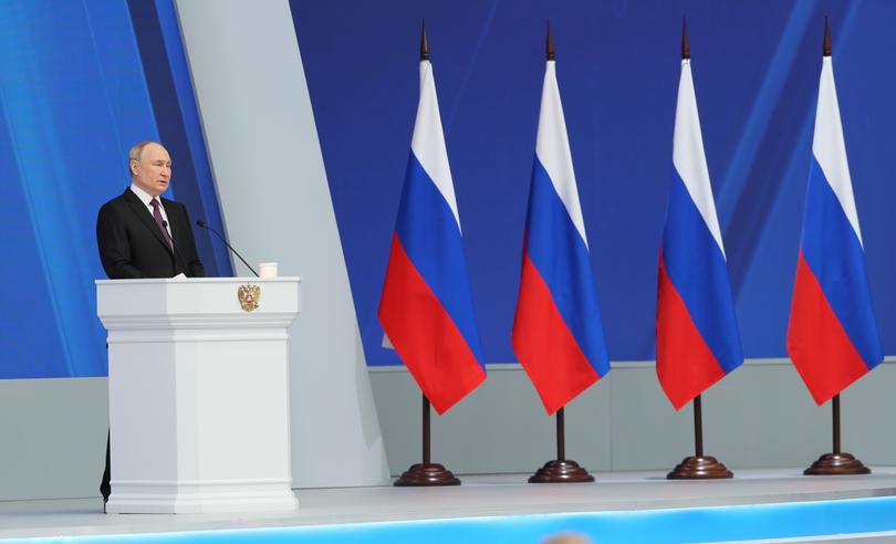 Russian President Vladimir Putin delivers his state-of-the-nation address in Moscow, Russia, Thursday, Feb. 29, 2024. (Gavriil Grigorov, Sputnik, Kremlin Pool Photo via AP)