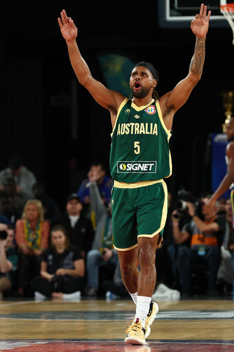 MELBOURNE, AUSTRALIA - AUGUST 14: Patty Mills of the Boomers reacts during the match between Australia Boomers and Venezuela at Rod Laver Arena on August 14, 2023 in Melbourne, Australia. (Photo by Graham Denholm/Getty Images)