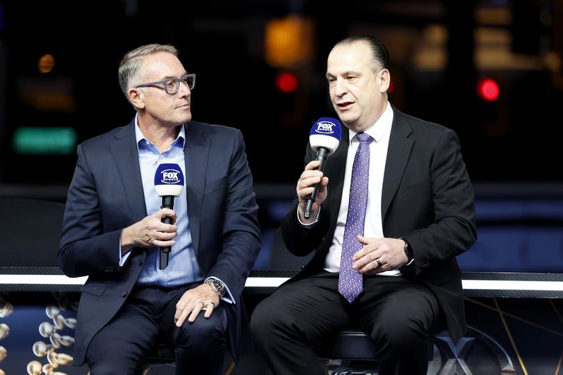 LAS VEGAS, NEVADA - FEBRUARY 28: Patrick Delany (left), CEO of Foxtel Group, talks with Chairman of the Australian Rugby League Commission Peter V'landys during Fox League's NRL Las Vegas Launch at Resorts World Las Vegas, on February 28, 2024, in Las Vegas, Nevada. (Photo by Ezra Shaw/Getty Images)