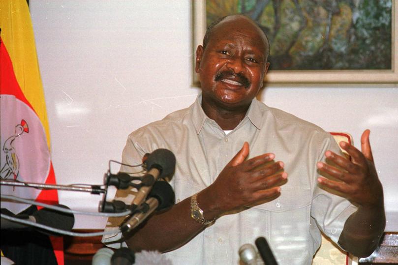 Ugandan President Yoweri Museveni talks to the press about Tuesday's tourist killing in Kampala, Wednesday March 3, 1999. Museveni said that he "regrets" what happened after eight tourists, four British, two Americans and two New Zealanders were killed in a Ugandan gorilla park, allegedly by Rwandan Hutu militia.