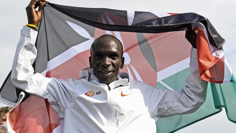 Eliud Kipchoge of Kenya celebrates after winning the NN Mission Marathon at Enschede Airport in Enschede, Netherlands.