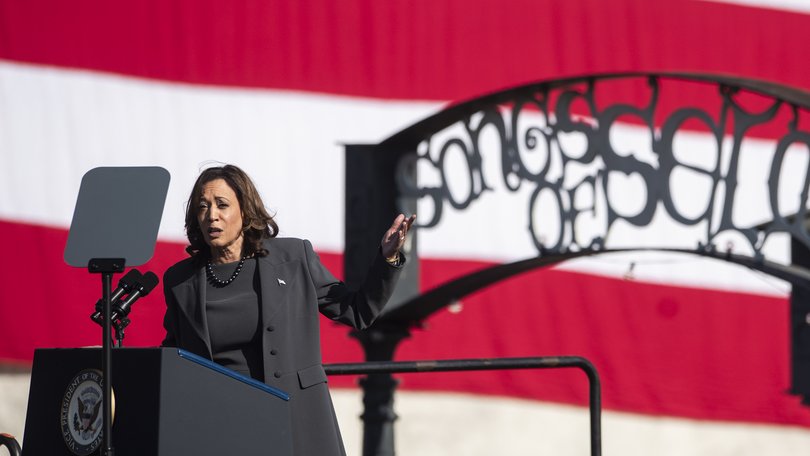 Vice President Kamala Harris speaks during the annual Bloody Sunday Bridge Crossing Jubilee in Selma, Ala., Sunday, March 3, 2024. (Jake Crandall/The Montgomery Advertiser via AP)