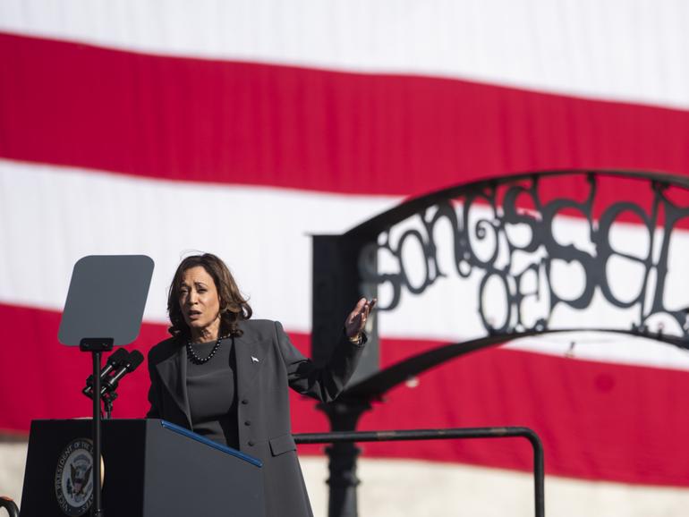 Vice President Kamala Harris speaks during the annual Bloody Sunday Bridge Crossing Jubilee in Selma, Ala., Sunday, March 3, 2024. (Jake Crandall/The Montgomery Advertiser via AP)
