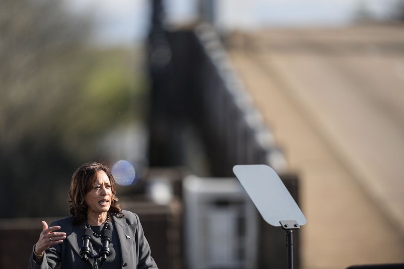 Vice President Kamala Harris speaks before walking with others across the Edmund Pettus Bridge commemorating the 59th anniversary of the Bloody Sunday voting rights march in 1965, Sunday, March 3, 2024, in Selma, Ala. (AP Photo/Mike Stewart)