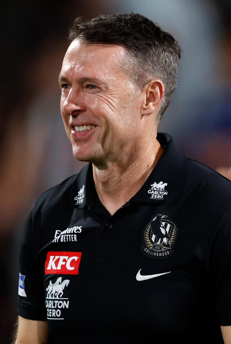 MELBOURNE, AUSTRALIA - FEBRUARY 27: Craig McRae, Senior Coach of the Magpies looks on during the 2024 AFL AAMI Community Series match between the Collingwood Magpies and Richmond Tigers at Ikon Park on February 27, 2024 in Melbourne, Australia. (Photo by Michael Willson/AFL Photos via Getty Images)