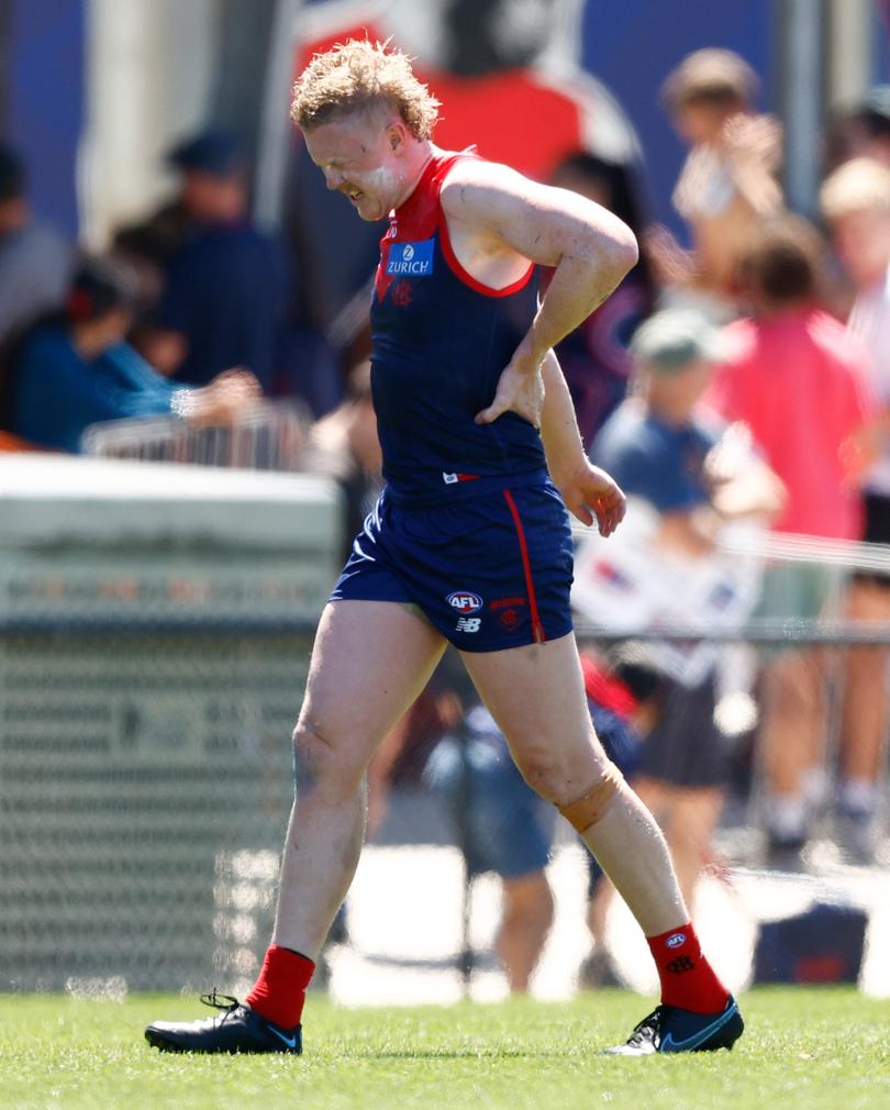 MELBOURNE, AUSTRALIA - FEBRUARY 18: Clayton Oliver of the Demons leaves the field during the AFL 2024 Match Simulation between Melbourne and Richmond at Casey Fields on February 18, 2024 in Melbourne, Australia. (Photo by Michael Willson/AFL Photos)