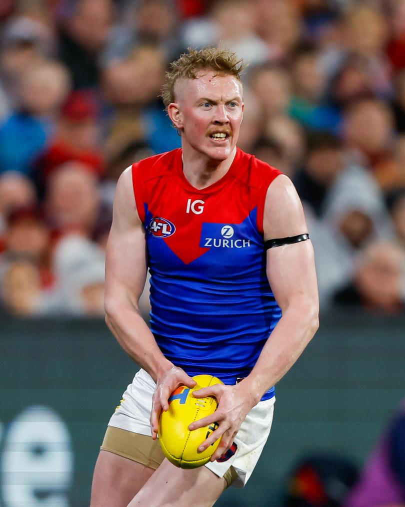 MELBOURNE, AUSTRALIA - SEPTEMBER 07: Clayton Oliver of the Demons in action during the 2023 AFL First Qualifying Final match between the Collingwood Magpies and the Melbourne Demons at Melbourne Cricket Ground on September 07, 2023 in Melbourne, Australia. (Photo by Dylan Burns/AFL Photos)