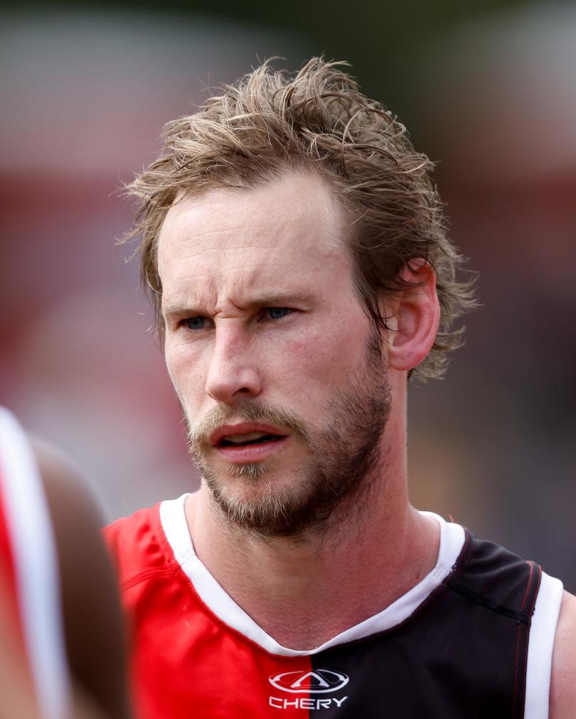 MELBOURNE, AUSTRALIA - MARCH 03: Jimmy Webster of the Saints looks on at the quarter time break during the 2024 AFL AAMI Community Series match between the St Kilda Saints and North Melbourne Kangaroos at RSEA Park on March 03, 2024 in Melbourne, Australia. (Photo by Dylan Burns/AFL Photos via Getty Images)