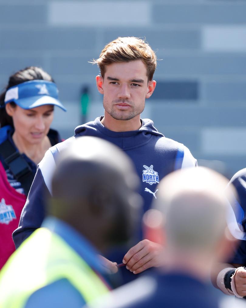 MELBOURNE, AUSTRALIA - MARCH 03: Jy Simpkin of the Kangaroos is seen coming out of the rooms after half time during the 2024 AFL AAMI Community Series match between the St Kilda Saints and North Melbourne Kangaroos at RSEA Park on March 03, 2024 in Melbourne, Australia. (Photo by Dylan Burns/AFL Photos via Getty Images)