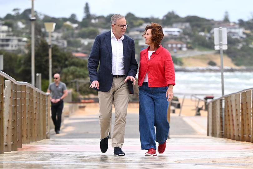 Australian Prime Minister Anthony Albanese (left) and incoming Labor member for Dunkley Jodie Belyea arrive for a press conference in Frankston, Melbourne, Sunday, March 3, 2024. The Albanese government has managed to hang on to the Victorian seat of Dunkley in a by-election. (AAP Image/Joel Carrett) NO ARCHIVING