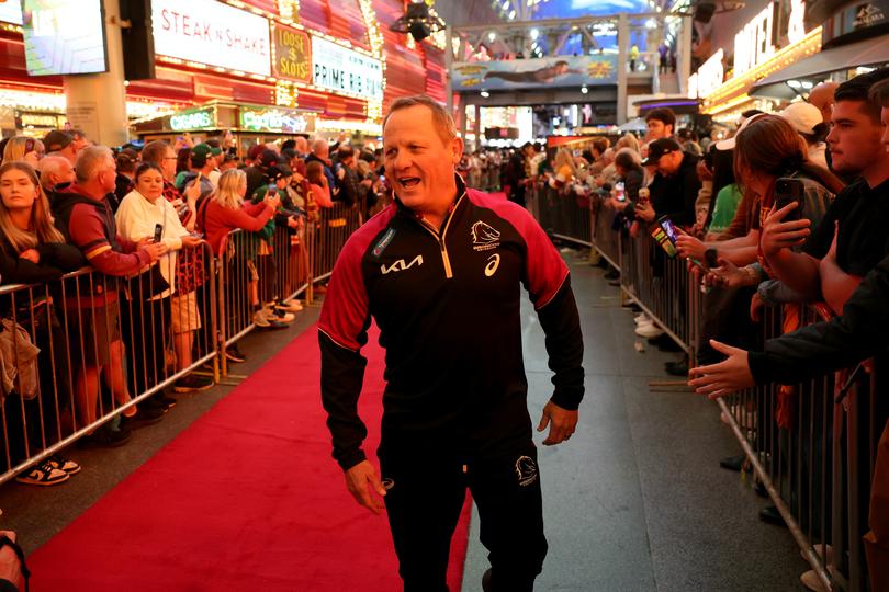 LAS VEGAS, NEVADA - FEBRUARY 29:  Kevin Walters, head coach of the Brisbane Broncos, greets fans during the NRL season launch at Fremont Street Experience on February 29, 2024, in Las Vegas, Nevada. (Photo by Ezra Shaw/Getty Images)