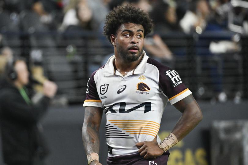 Broncos Ezra Mam reacts during the NRL match between the Sydney Roosters and the Brisbane Broncos at Allegiant Stadium in Las Vegas, Saturday, March 2, 2024. (AP Photo/David Becker)