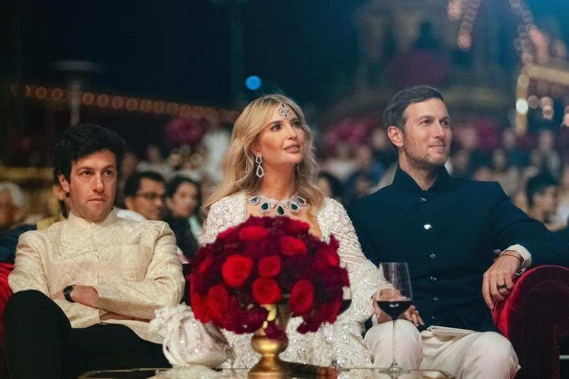 This photograph released by the Reliance group shows Ivanka Trump, center, and husband Jared Kushner, right, attending a pre-wedding bash of billionaire industrialist Mukesh Ambani's son Anant Ambani in Jamnagar, India, Saturday, Mar. 02, 2024. (Reliance group via AP)