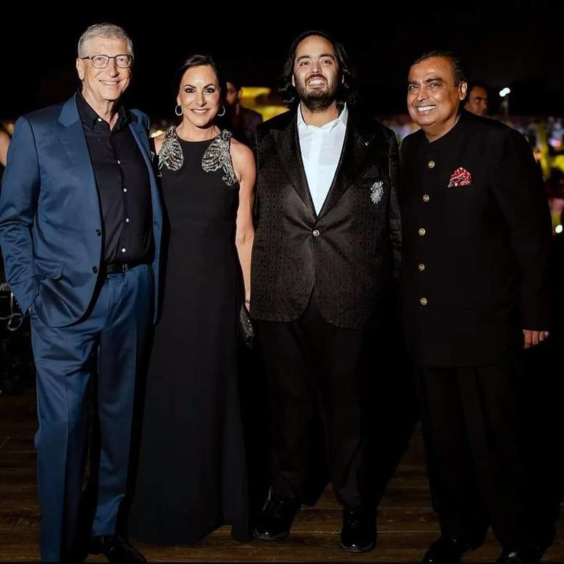 Billionaire industrialist Mukesh Ambani, Anant Ambani, Paula Hurd, and Bill Gates.