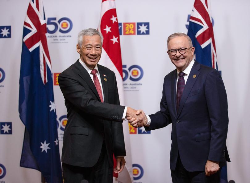 ASEAN-Australia Special Summit 2024. His Excellency Mr Lee Hsien Loong, Prime Minister of the Republic of Singapore (L) is welcomed by The Honourable Anthony Albanese MP, Prime Minister of Australia ahead of their bilateral meeting at the ASEAN-Australia Special Summit 2024 in Melbourne, Tuesday, March 05, 2024. Photograph by Arsineh Houspian/ASEAN