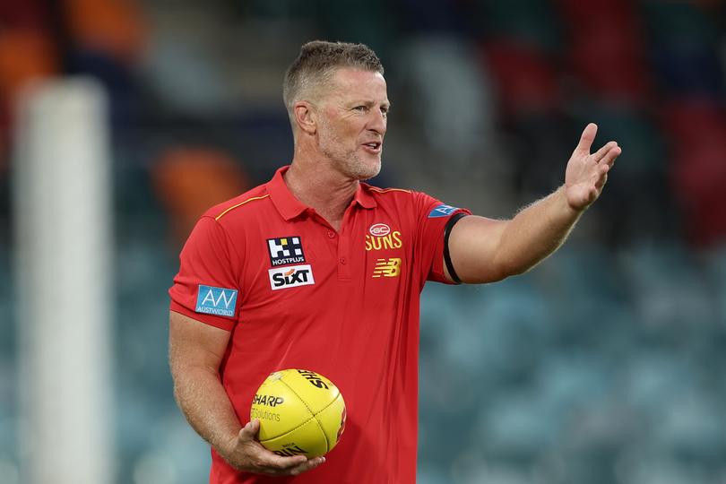 CANBERRA, AUSTRALIA - FEBRUARY 29: Suns head coach Damien Hardwick looks on during the 2024 AFL Community Series match between Greater Western Sydney Giants and Gold Coast Suns at Manuka Oval on February 29, 2024 in Canberra, Australia. (Photo by Matt King/Getty Images)