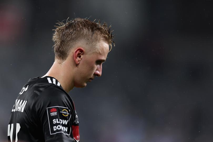 SYDNEY, AUSTRALIA - MARCH 02: Oscar Priestman of the Wanderers looks dejected after losing the A-League Men round 19 match between Western Sydney Wanderers and Sydney FC at CommBank Stadium, on March 02, 2024, in Sydney, Australia. (Photo by Cameron Spencer/Getty Images)