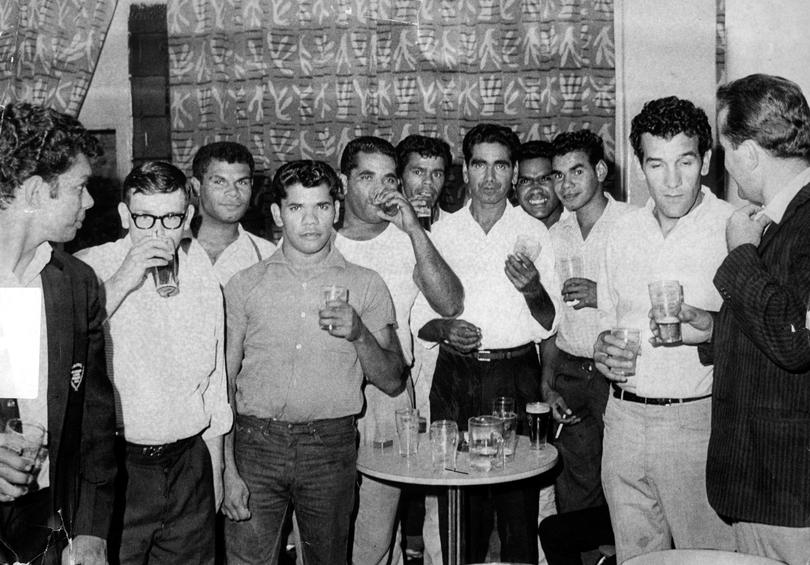 Charlie Perkins and his Freedom Riders this morning visited the Burlington Hotel, Haymarket. 35 aboriginal men went into the Parlor and drank beer without an incident of any kind, 20 March 1965.
