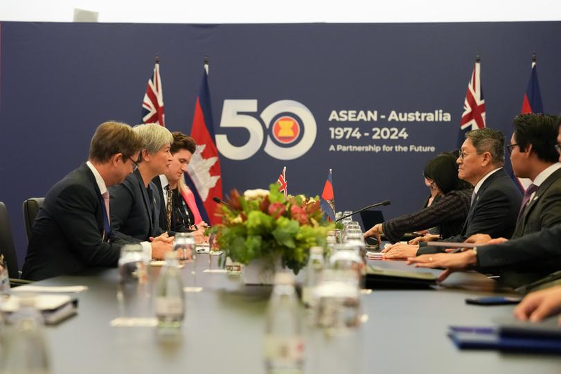 MELBOURNE, AUSTRALIA - MARCH 05: The foreign ministries of Australia and Cambodia headed by Australian Minister Penny Wong (L) and Cambodia Minister Sok Chenda Sophea (R) hold a bilateral meeting during the ASEAN-Australia Special Summit on March 05, 2024 in Melbourne, Australia. Southeast Asian leaders are gathered for talks that run through March 6 on a wide range of topics, including clean energy cooperation and China's aggressive stance in the South China Sea.  (Photo by Asanka Ratnayake/Getty Images)