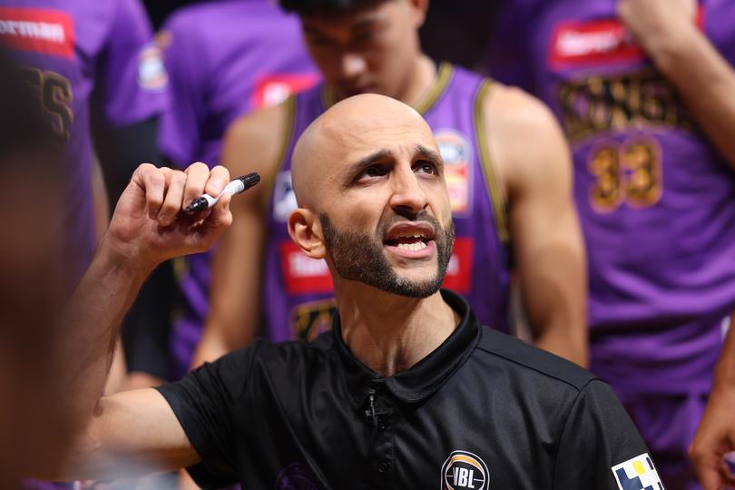 SYDNEY, AUSTRALIA - FEBRUARY 28:  Sydney Kings head coach Mahmoud Abdelfattah talks to players during the NBL Play-In Qualifier  match between Sydney Kings and New Zealand Breakers at Qudos Bank Arena, on February 28, 2024, in Sydney, Australia. (Photo by Mark Metcalfe/Getty Images)