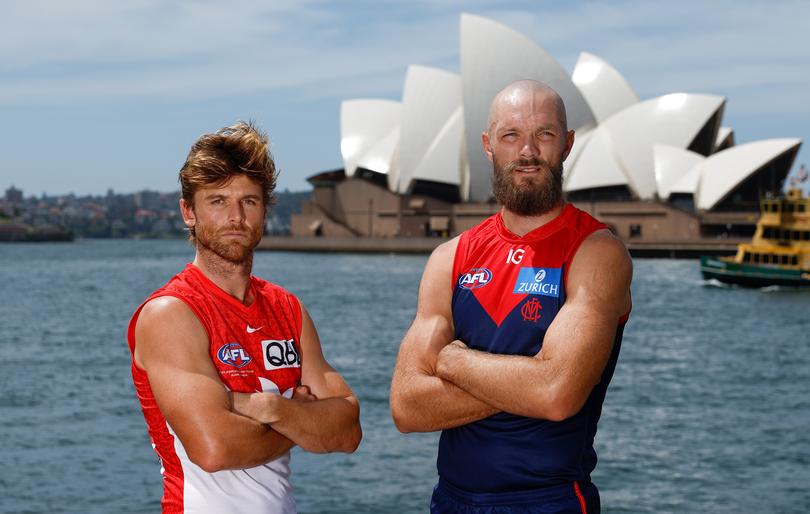 SYDNEY, AUSTRALIA - MARCH 06: Dane Rampe of the Swans and Max Gawn of the Demons pose for a photograph during the Sydney Opening Round Media Opportunity at Circular Quay on March 06, 2024 in Sydney, Australia. (Photo by Michael Willson/AFL Photos via Getty Images)