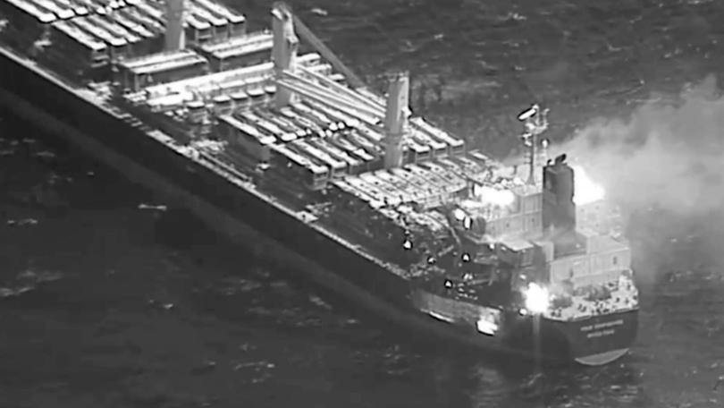 Images from US Central Command showed the cargo vessel on fire.