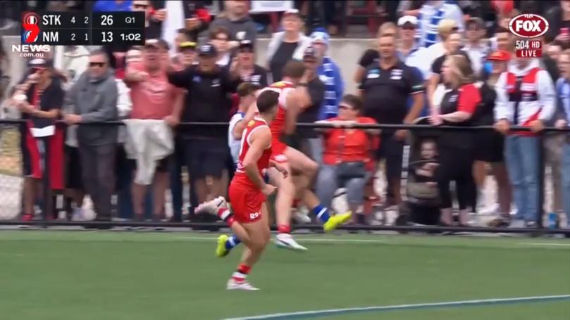 St Kilda’s Jimmy Webster knocks out North Melbourne’s Jy Simpkin