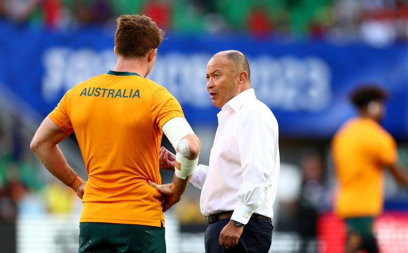 SAINT-ETIENNE, FRANCE - OCTOBER 01: Andrew Kellaway of Australia speaks with Eddie Jones, Head Coach of Australia, during the warm up prior to the Rugby World Cup France 2023 match between Australia and Portugal at Stade Geoffroy-Guichard on October 01, 2023 in Saint-Etienne, France. (Photo by Chris Hyde/Getty Images)
