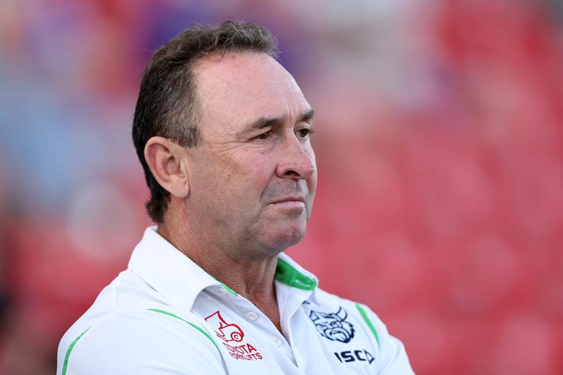 NEWCASTLE, AUSTRALIA - MARCH 07:  Ricky Stuart, coach of the Raiders looks on before the round one NRL match between Newcastle Knights and Canberra Raiders at McDonald Jones Stadium on March 07, 2024, in Newcastle, Australia. (Photo by Brendon Thorne/Getty Images)