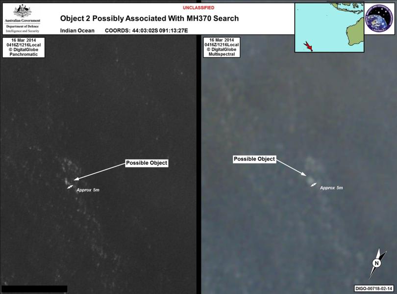 Satellite imagery provided to AMSA of objects that may be possible debris of the missing Malaysia Airlines Flight MH370.