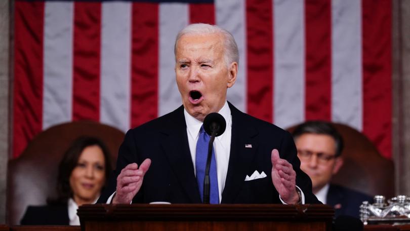 US President Joe Biden delivers his State of the Union address at the US Capitol in Washington, DC, US.