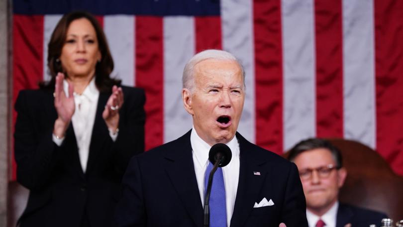 US President Joe Biden speaks during a State of the Union address at the US Capitol in Washington, DC, US, on Thursday, March 7, 2024. Election-year politics will increase the focus on Bidens remarks and lawmakers reactions, as hes stumping to the nation just months before voters will decide control of the House, Senate, and White House. Photographer: Shawn Thew/EPA/Bloomberg