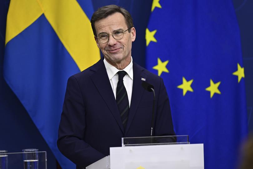 Sweden's Prime Minister Ulf Kristersson holds a press conference at the government headquarters after Hungary's parliament voted yes to ratify Sweden's NATO accession, in Stockholm, Sweden, on Monday Feb. 26, 2024. (Magnus Lejhall/TT News Agency via AP)