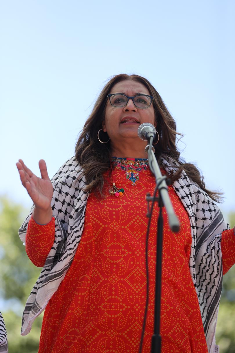 Thousands attended a pro-Palestine rally at Forrest Place today by Friends of Palestine. Pictured - Green's Mehreen Faruqi