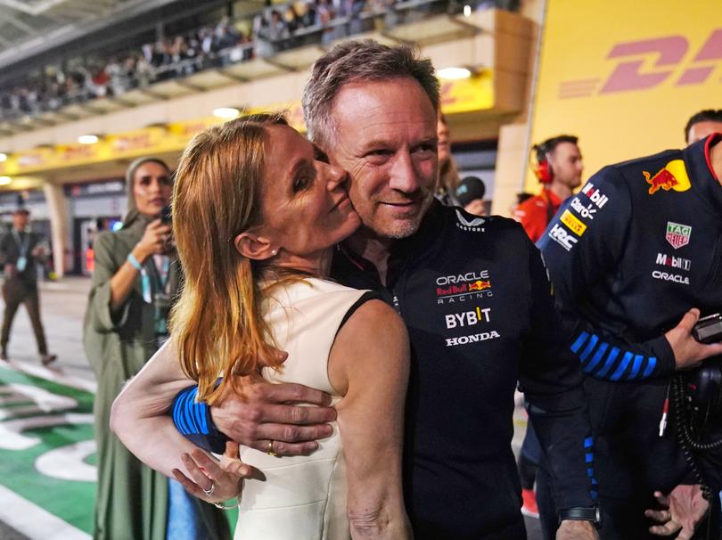 Christian and Geri Horner after Red Bull Racing's Max Verstappen won the Bahrain Grand Prix on Saturday.