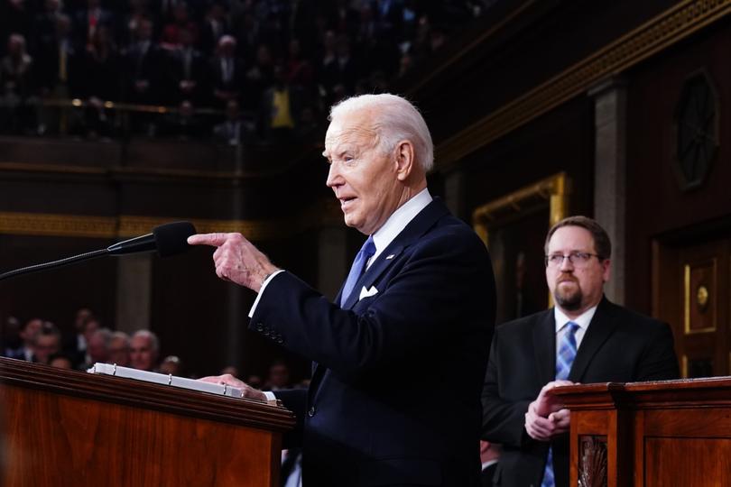 US President Joe Biden, speaks during a State of the Union address at the US Capitol in Washington, DC, US, on Thursday, March 7, 2024. Election-year politics will increase the focus on Biden's remarks and lawmakers' reactions, as he's stumping to the nation just months before voters will decide control of the House, Senate, and White House. Photographer: Shawn Thew/EPA/Bloomberg