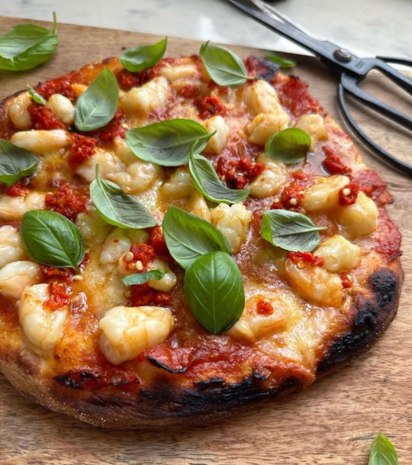 Prawn, tomato and chilli pizza