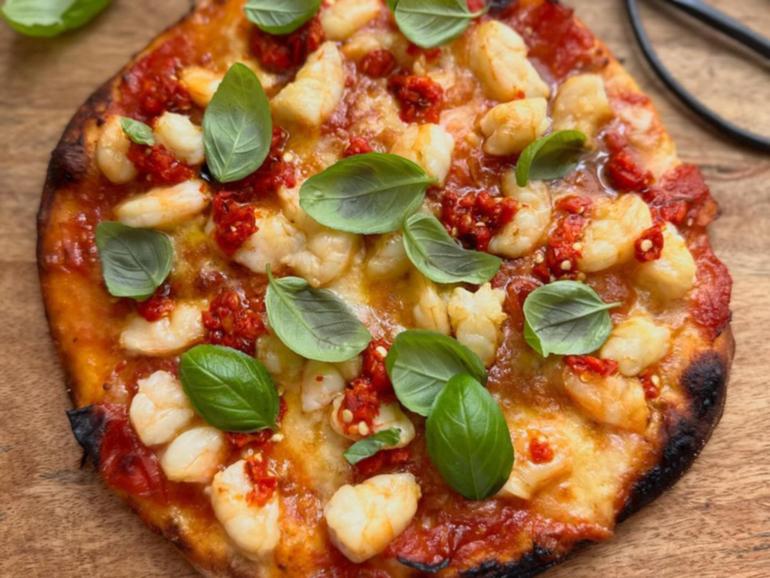 Courtney Roulston’s prawn, tomato and chilli pizza.