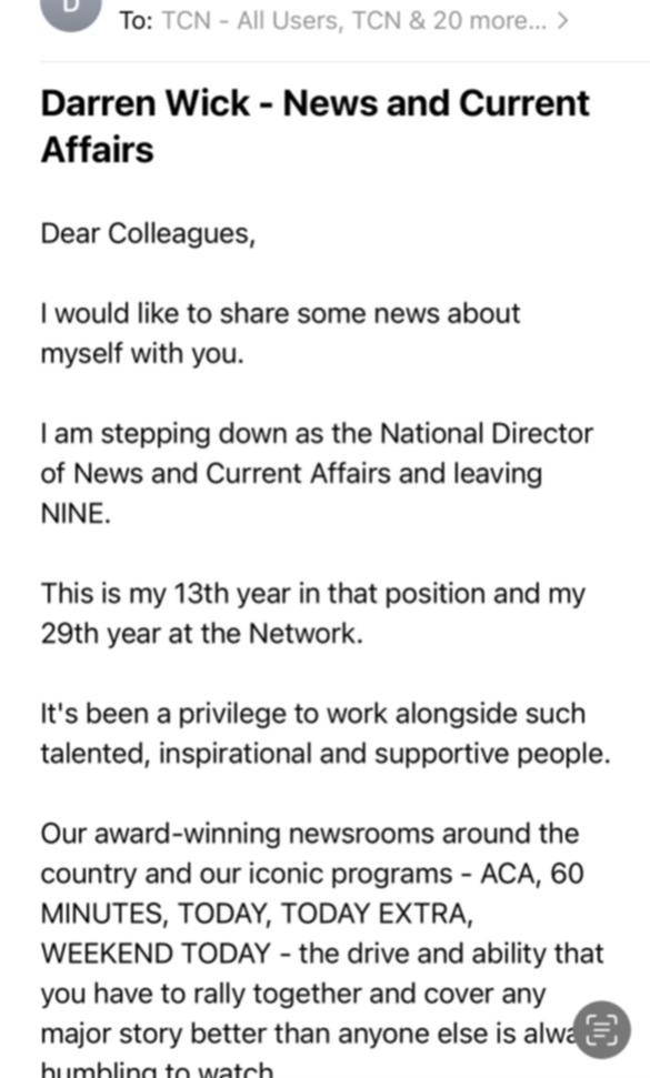 Nine’s national news director Darren Wick has quit after three decades with the network.