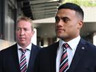 Spencer Leniu arrives with Sydney Roosters head coach Trent Robinson for his NRL judiciary hearing. (Dean Lewins/AAP PHOTOS)