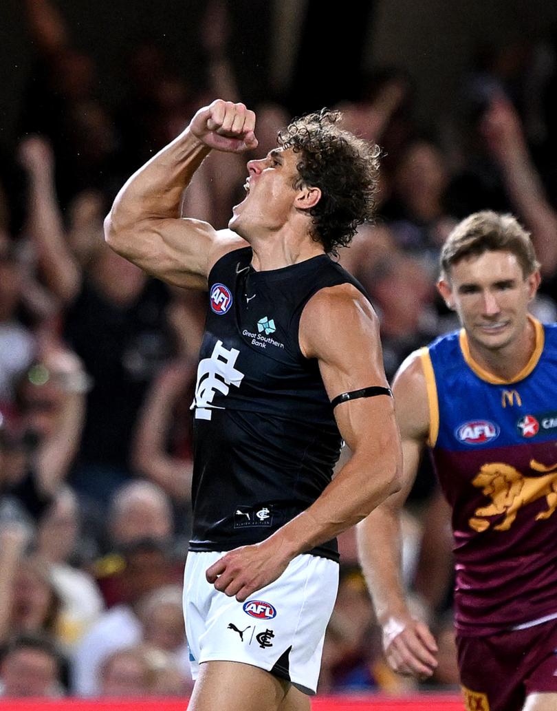 BRISBANE, AUSTRALIA - MARCH 08: Charlie Curnow of the Blues celebrates kicking a goal during AFL Opening Round match between Brisbane Lions and Carlton Blues at The Gabba, on March 08, 2024, in Brisbane, Australia. (Photo by Bradley Kanaris/Getty Images)