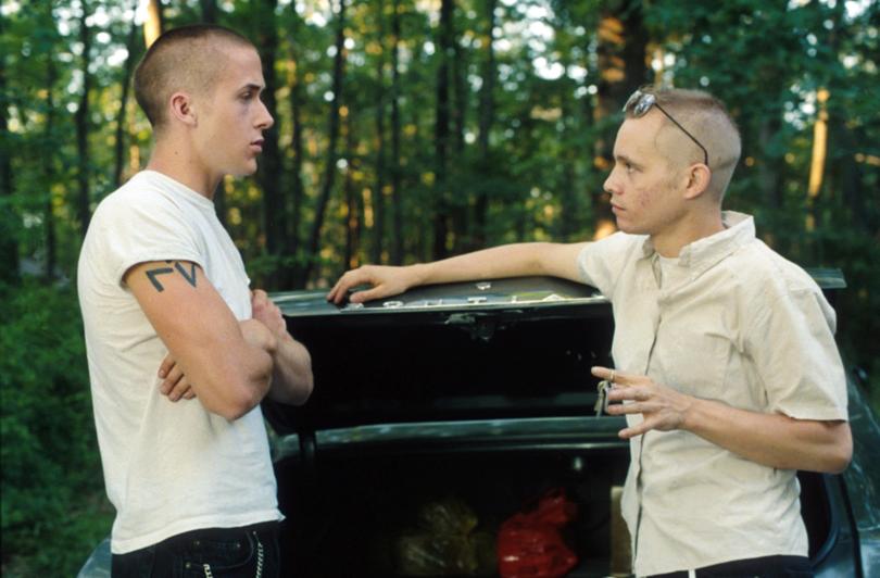 Ryan Gosling, left, and Joshua Harto appear in a scene from the film "The Believer," in this undated promotional photo. "The Believer" premieres Saturday, March 16, 2002, on Showtime, more than a year after the disturbing portrait of a Jewish neo-Nazi skinhead won the top dramatic prize at the Sundance Film Festival.  (AP Photo/SHOWTIME, Liz Hedges)
