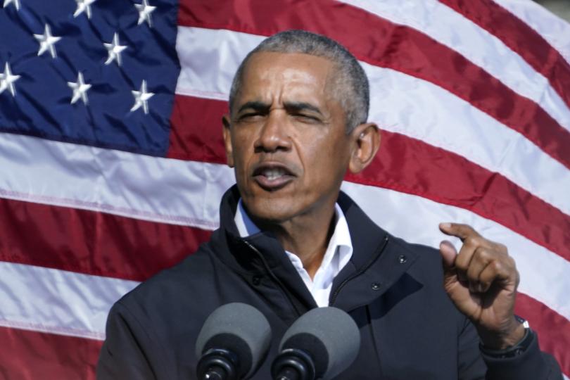 Former President Barack Obama speaks at a rally as he campaigns for Democratic presidential candidate former Vice President Joe Biden, Monday, Nov. 2, 2020, at Turner Field in Atlanta. (AP Photo/Brynn Anderson)