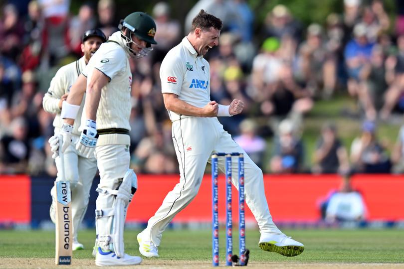 CHRISTCHURCH, NEW ZEALAND - MARCH 10: Matt Henry of New Zealand celebrates after dismissing Steve Smith of Australia during day three of the Second Test in the series between New Zealand and Australia at Hagley Oval on March 10, 2024 in Christchurch, New Zealand. (Photo by Kai Schwoerer/Getty Images)