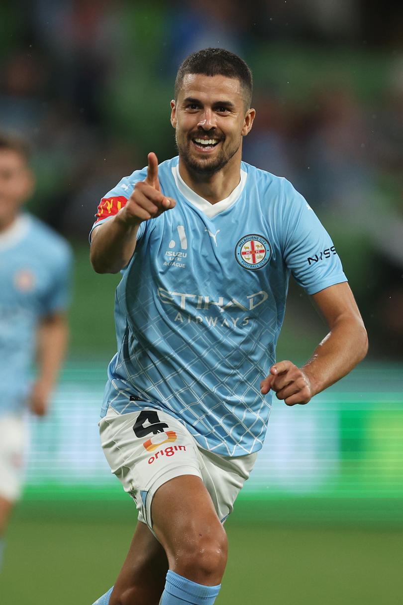MELBOURNE, AUSTRALIA - MARCH 12: Nuno Reis of Melbourne City celebrates scoring a goal during the A-League Men round 12 match between Melbourne City and Western Sydney Wanderers at AAMI Park, on March 12, 2024, in Melbourne, Australia. (Photo by Daniel Pockett/Getty Images) (Photo by Daniel Pockett/Getty Images)