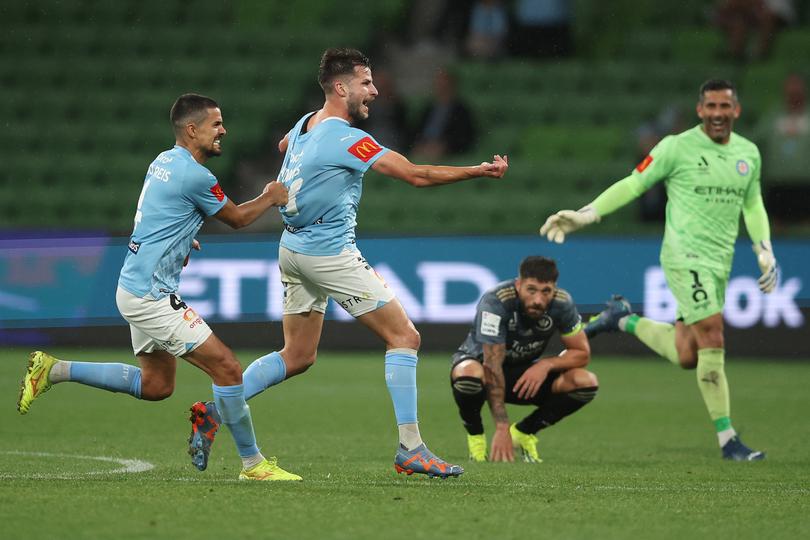 MELBOURNE, AUSTRALIA - MARCH 12: Terry Antonis of Melbourne City celebrates scoring a goal during the A-League Men round 12 match between Melbourne City and Western Sydney Wanderers at AAMI Park, on March 12, 2024, in Melbourne, Australia. (Photo by Daniel Pockett/Getty Images) (Photo by Daniel Pockett/Getty Images)