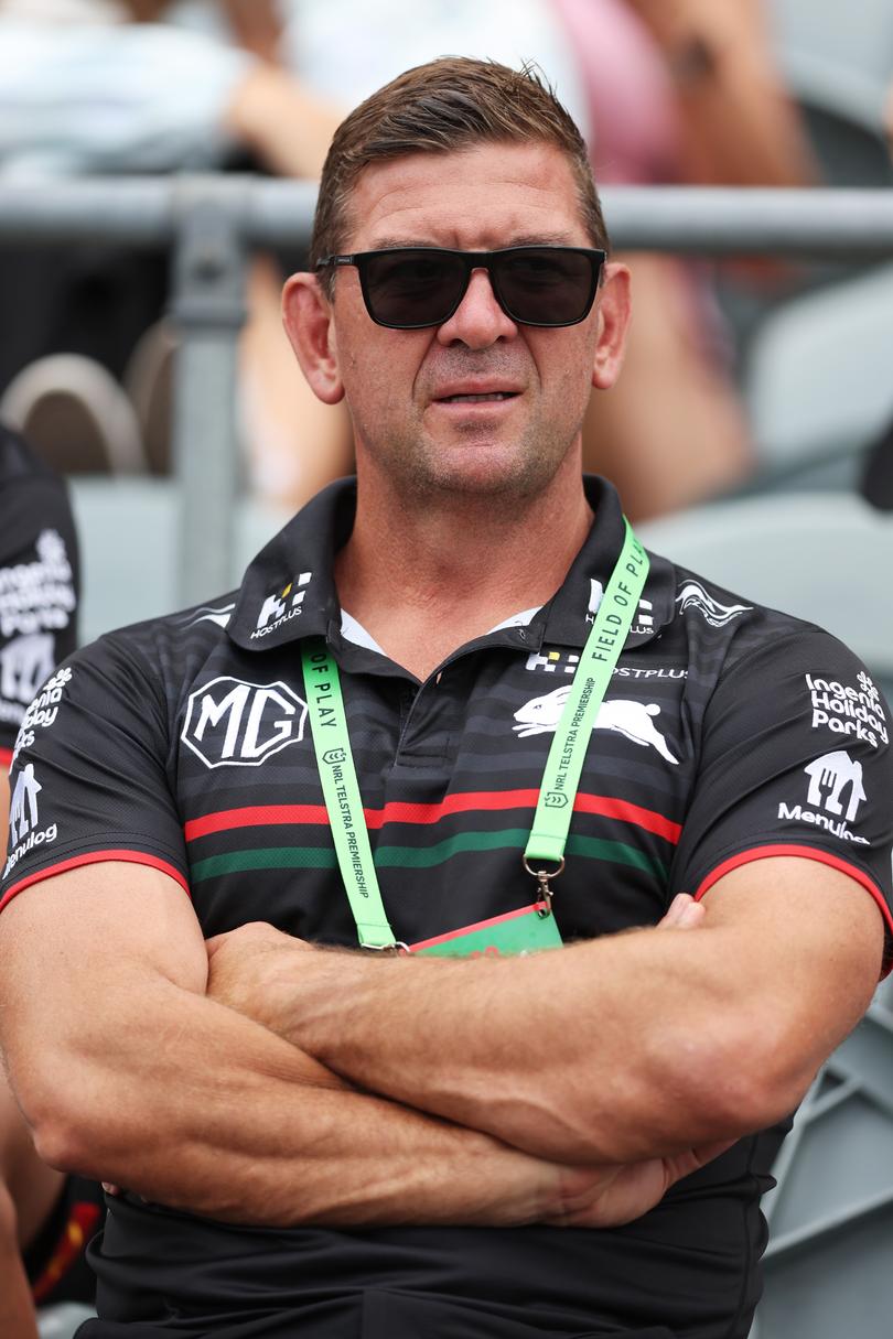 GOSFORD, AUSTRALIA - FEBRUARY 11:  Rabbitohs head coach Jason Demetriou looks on during the NRL pre-season trial match between Manly Sea Eagles and South Sydney Rabbitohs at Industree Group Stadium on February 11, 2024 in Gosford, Australia. (Photo by Matt King/Getty Images)