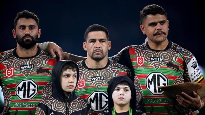 Cody Walker (centre) and Latrell Mitchell (right) have been vocal in their support of Ezra Mam. (Dan Himbrechts/AAP PHOTOS)